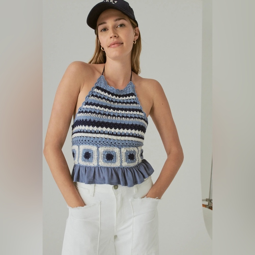 *LUCKY BRAND* Navy x White Crochet Crop Top Size Small